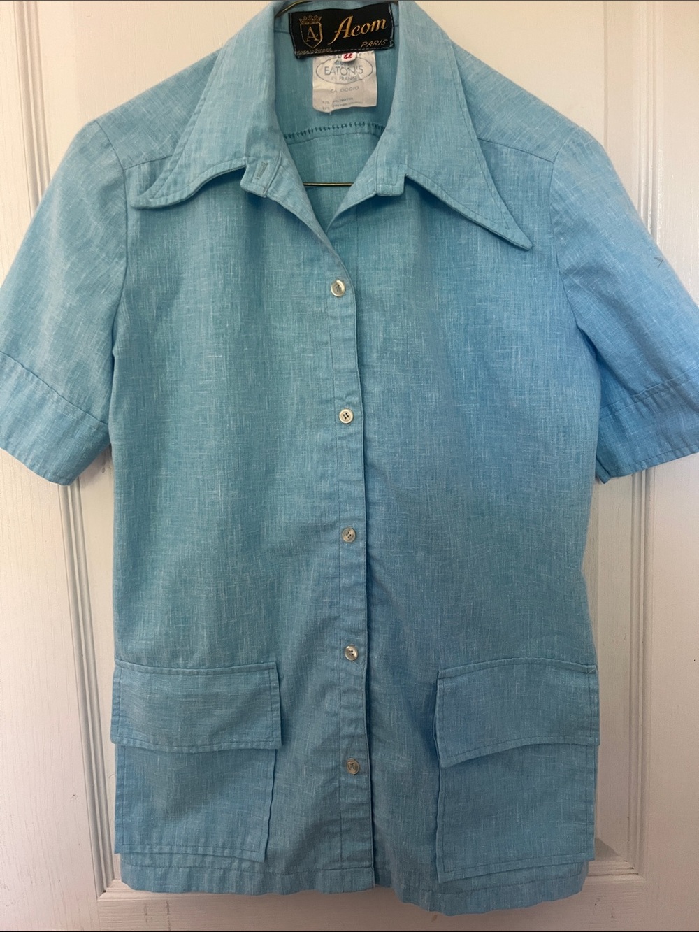 70s Vintage Aeom Paris Light Blue Button-Front Short Sleeve Shirt